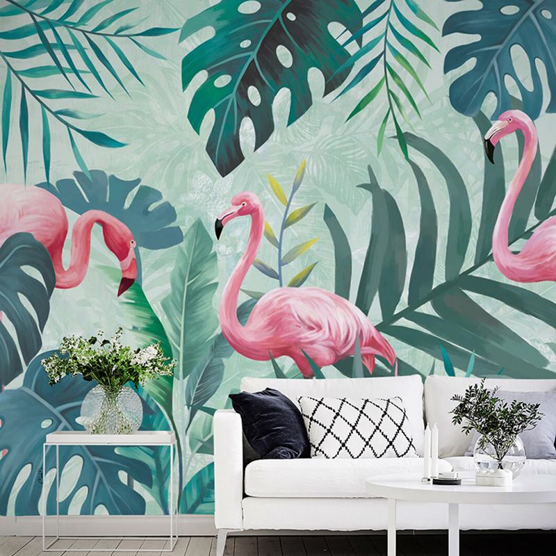 Green Flamingo and Jungle Mural Wallpaper Stain-Resistant Wall Covering for Gallery and Coffee Shop