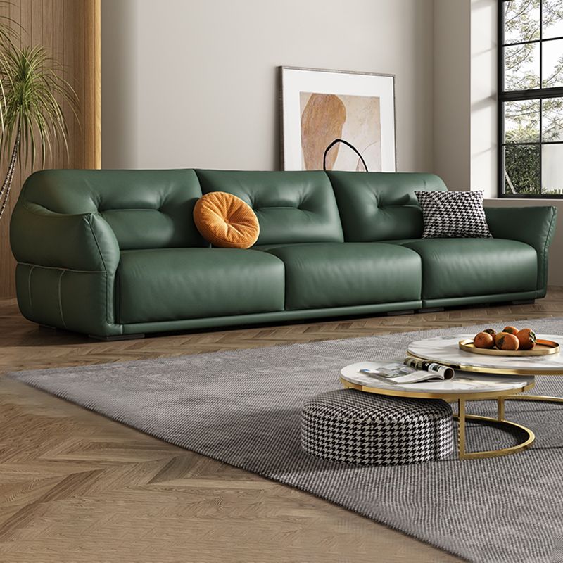 Contemporary Green Square Arm Genuine Leather Stationary Sofa