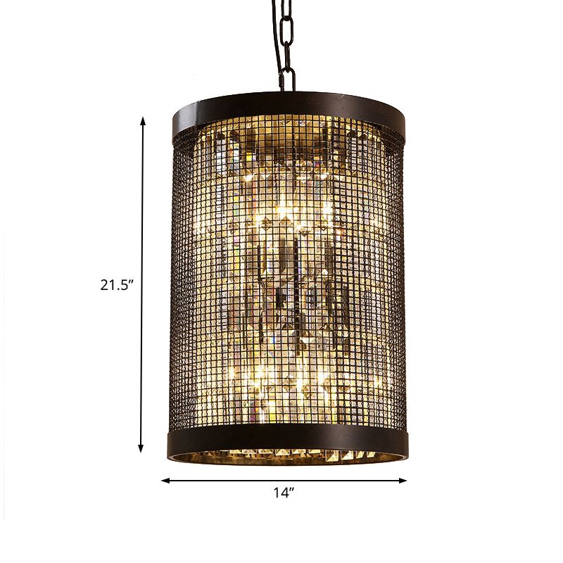 6 Lights Cylinder Chandelier Light Country Black Metal Hanging Ceiling Fixture for Dining Room with Clear Crystal Block