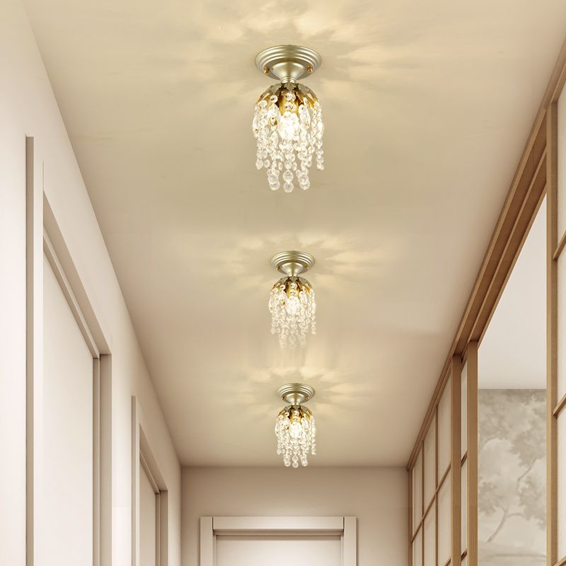 Brass Finish Mini Ceiling Light Modern Metal 1 Light Semi-Flush Light with Crystal Bead for Corridor