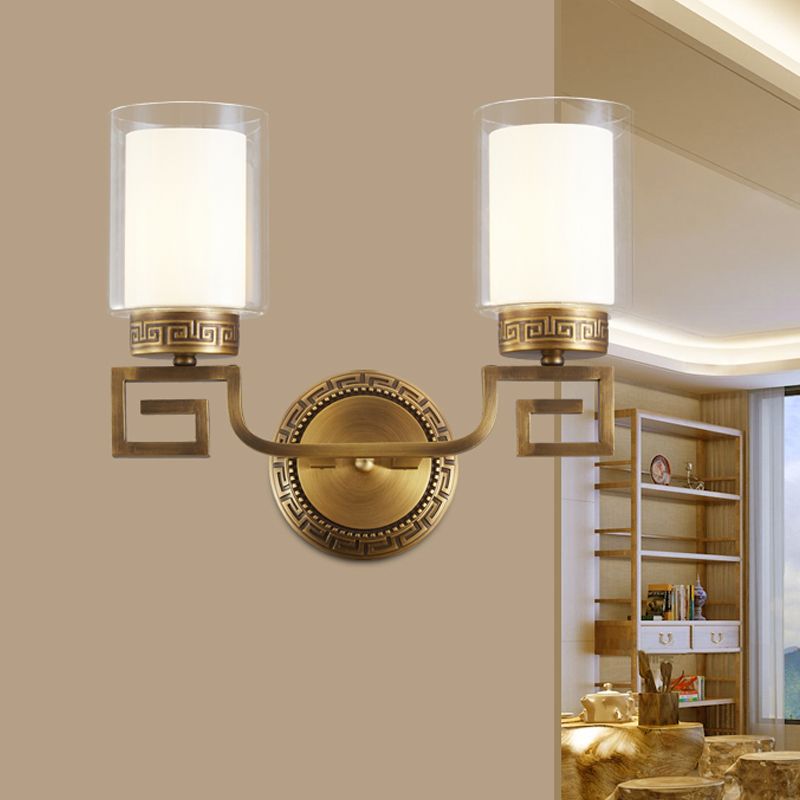 2 Lights Cylinder Sconce Lamp Colonialist Gold Clear and Opal Glass Wall Mounted Light Fixture