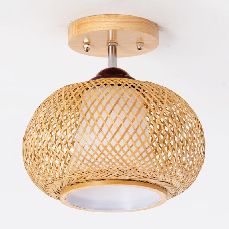 Lámpara de techo de madera de estilo asiático, luz de montaje empotrado de bambú tejida a mano, para salón de té