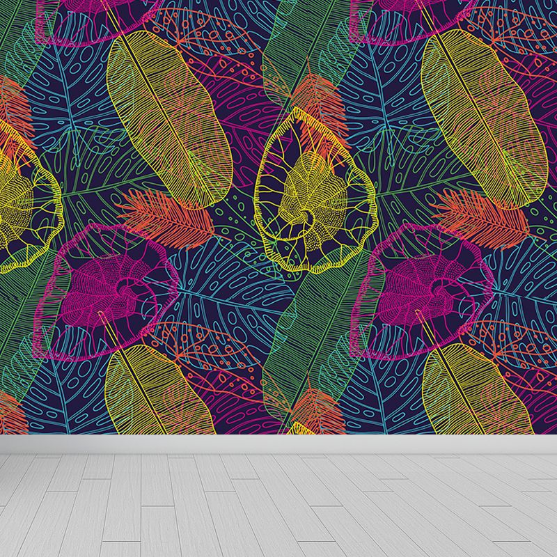Botanical Leaf Printed Wallpaper Mural Contemporary Non-Woven Wall Art in Dark Color