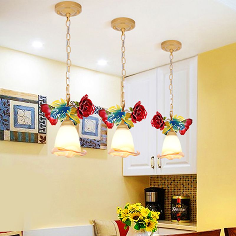 Beige Blossom Suspension Lamp Korean Garden Frosted Glass 1 Head Restaurant Pedant Lighting