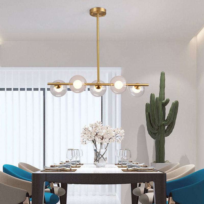 Mid-Century Gold Metal Island Pendant Lighting Spherical Glass Island Ceiling Light for Dining Table