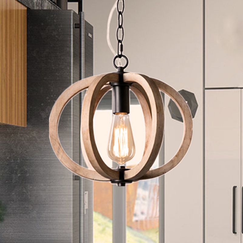 Single Light Globe Pendant Lamp Height Adjustable Rustic Wood Hanging Light for Bedroom