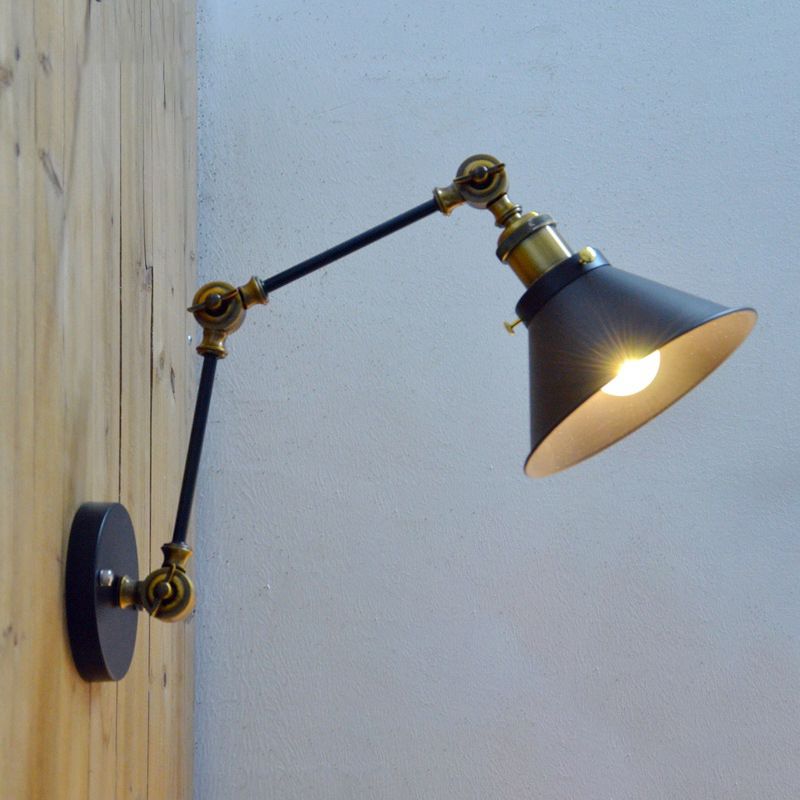 1 Light Wall Light Sconce Antiqued Bedside Swing Arm Wall Mount with Conical Metal Shade in Black
