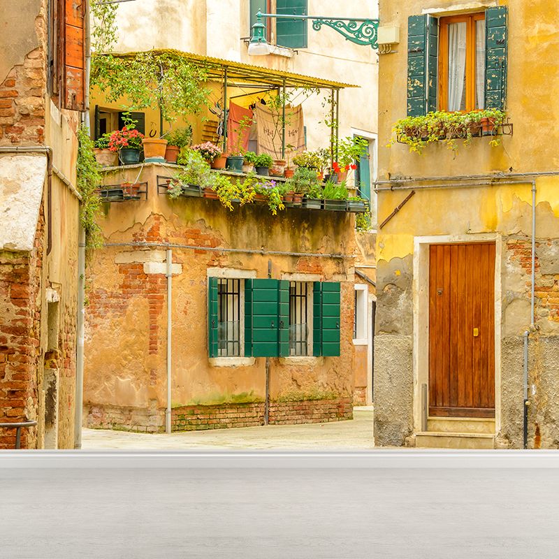 Tranquil Town Mural Decal Contemporary Non-Woven Textured Wall Covering in Yellow