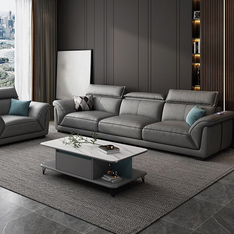 Gray Faux Leather Sofa & Chaise Modern Biscuit Back Sofa - 33.46" H