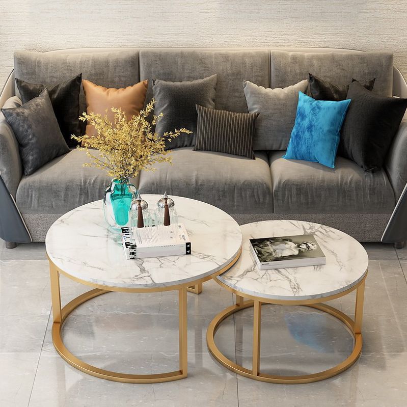 Glam Round Nesting Coffee Table with Marble Top and Metal Base