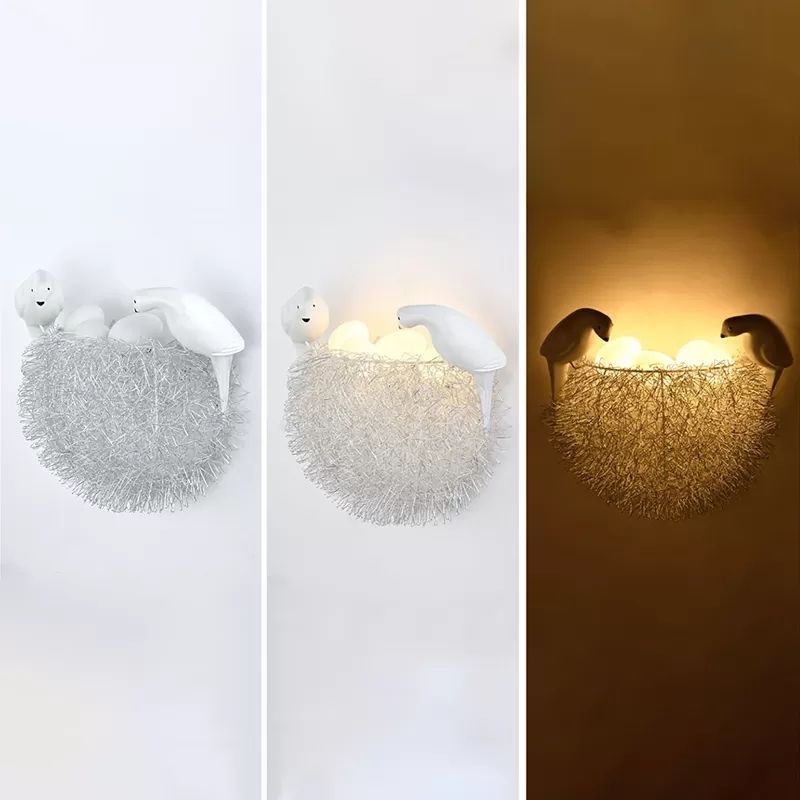Balcony Kindergarten Nest Wall Light with Bird Decoration Resin Lovely White Sconce Light