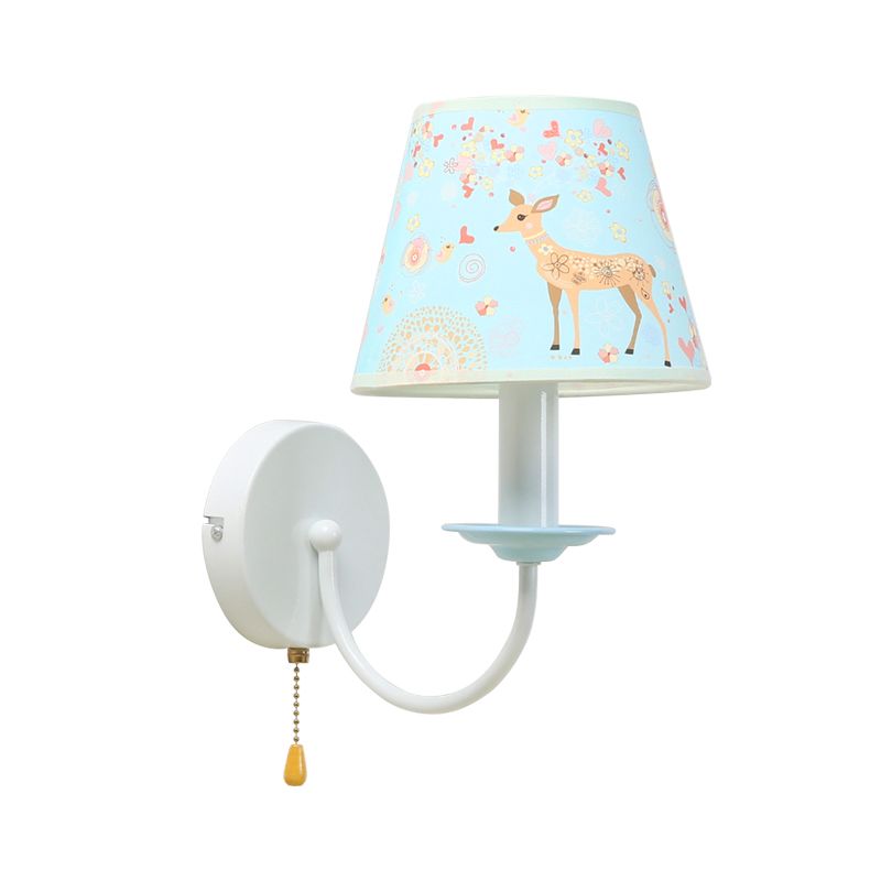 Animal Sika Deer Wall Light with Pull Chain Fabric 1 Light Blue Wall Sconce for Girls Bedroom