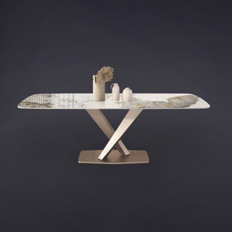 Rectangle Dining Table Stone Top Table with Stainless Steel Pedestal Base