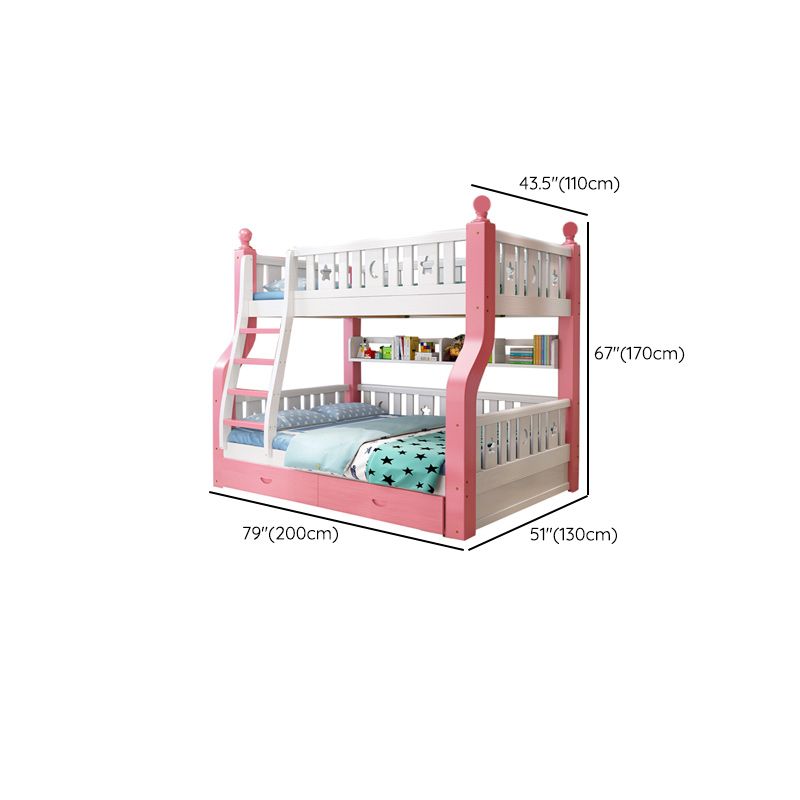Nordic Solid Wood Standard Bunk Bed in White and Pink with Storage