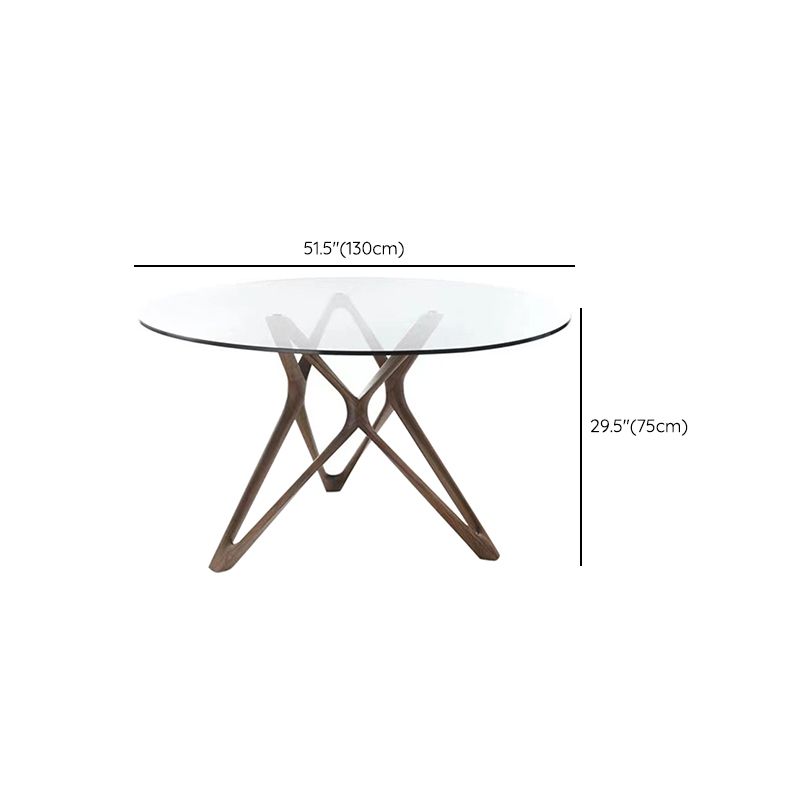 Modern Round Glass Desktop Dining Table Walnut Base for Dining Room