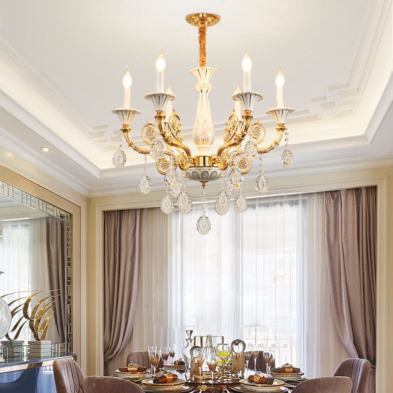 Lampada lampadario a candela oro tradizionale Crystal 6 teste Luce da soffitto camera da letto con pilastro in ceramica e braccio scolpito