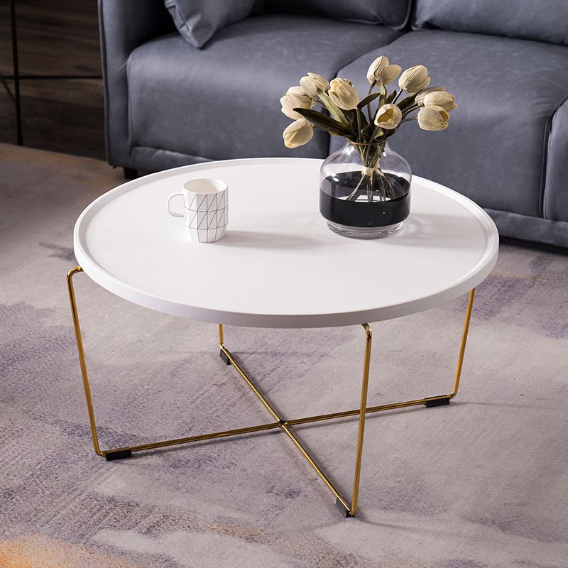 Cross Leg Base Design White/grey Faux Wood Top Metal Iron Round Coffee Table
