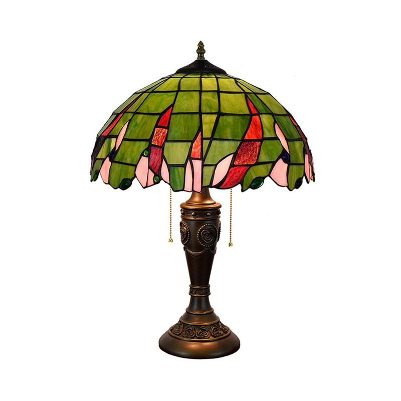 Bronze 2 têtes lampe de table Tiffany Green Verre feuille à motifs de navette de nuit avec chaîne de traction