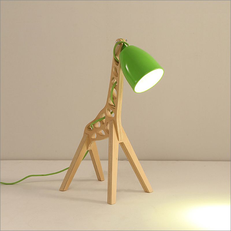 Campana de dibujos animados Noche de metal ligero Lámpara de mesa de dormitorio de 1 luz en azul/rojo/verde con base de madera de jirafa de pie