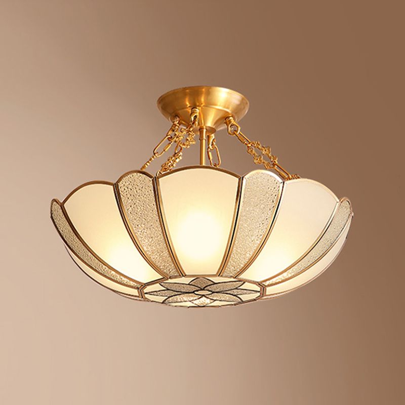 Inverted Bedroom Semi Flush Mount Light Vintage Glass Brass Ceiling Lighting