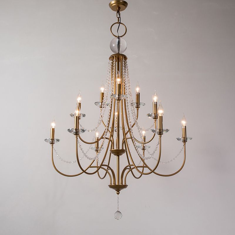 Country Style Candlestick Chandelier Metallic Hanging Light Kit with Crystal Strand