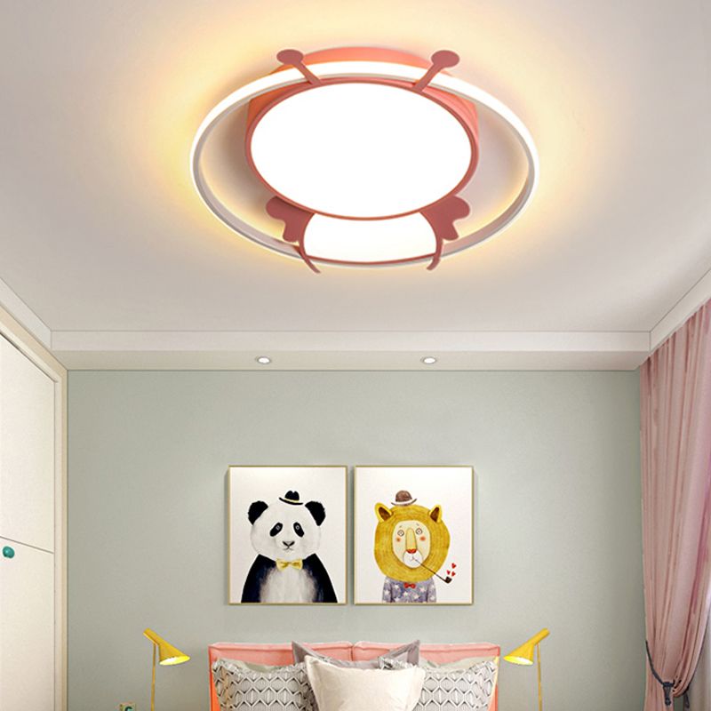 Metal Ring Flush Mount Lamp Kids LED Pink/Yellow Flush Pendant Light with Acrylic Bee Shade in Warm/White Light