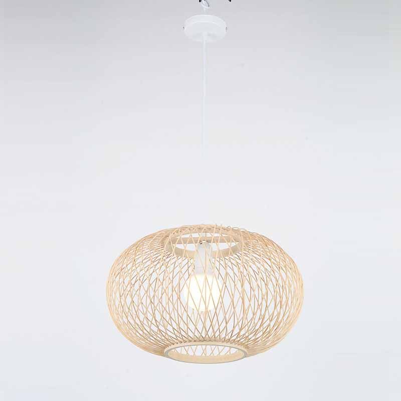 Chinese Round Lantern Ceiling Light Beige Bamboo 1 Light Restaurant Hanging Pendant Lighting