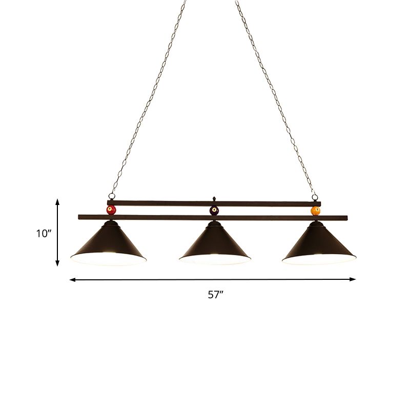 Industrial Style Cone Shade Ceiling Pendant 3 Heads Metal Island Lighting with Billiard Ball Deco in Black/Red