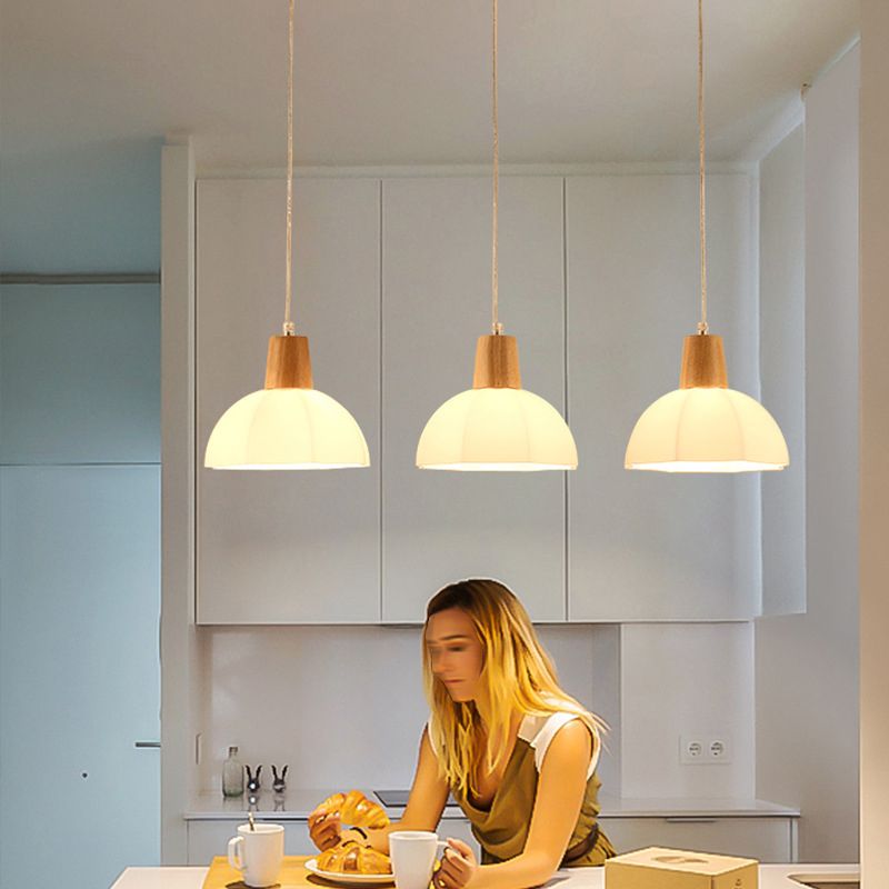 White Shaded Pendant Lighting Fixture Nordic Wooden Ceiling Pendant Light for Bedroom