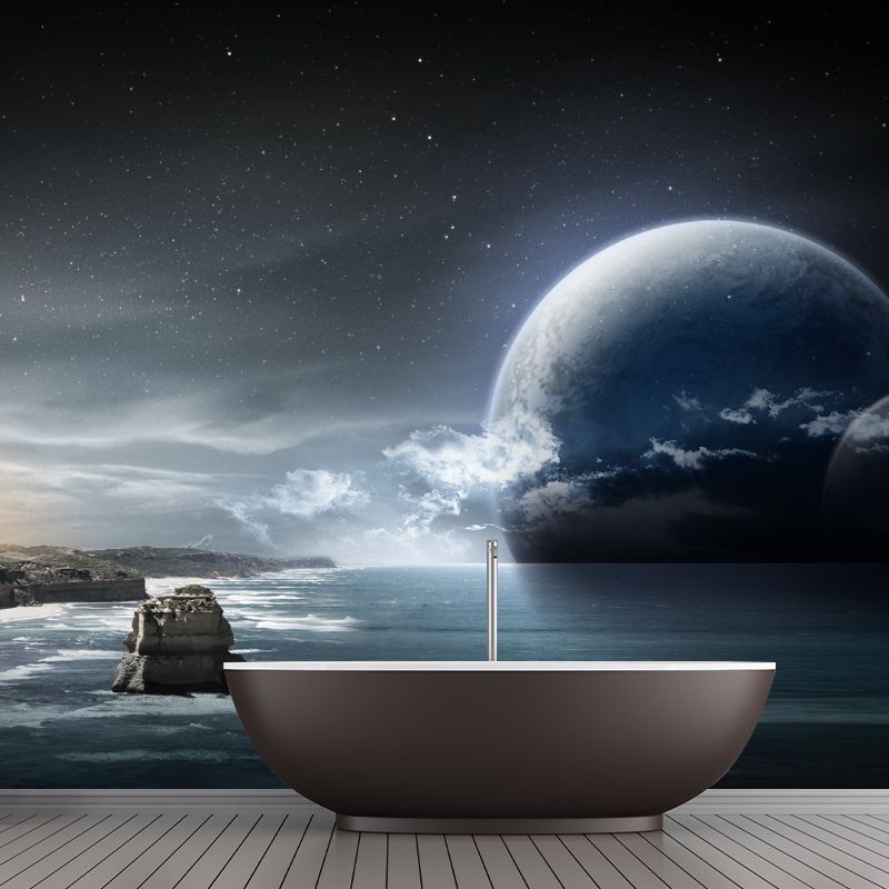 Custom Photo Print Sci-Fi Mural with Big Moon and Ocean Sea at Dawn Pattern in Blue