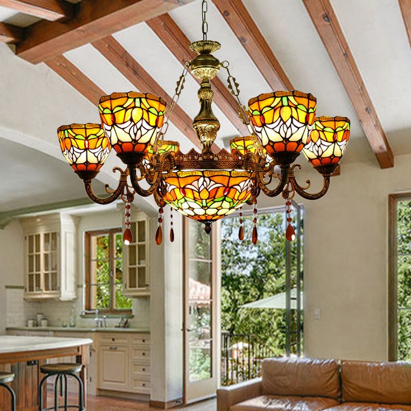 Tiffany Rustic Orange Chandelier Flower Stained Glass Pendant Lamp with Agate for Living Room