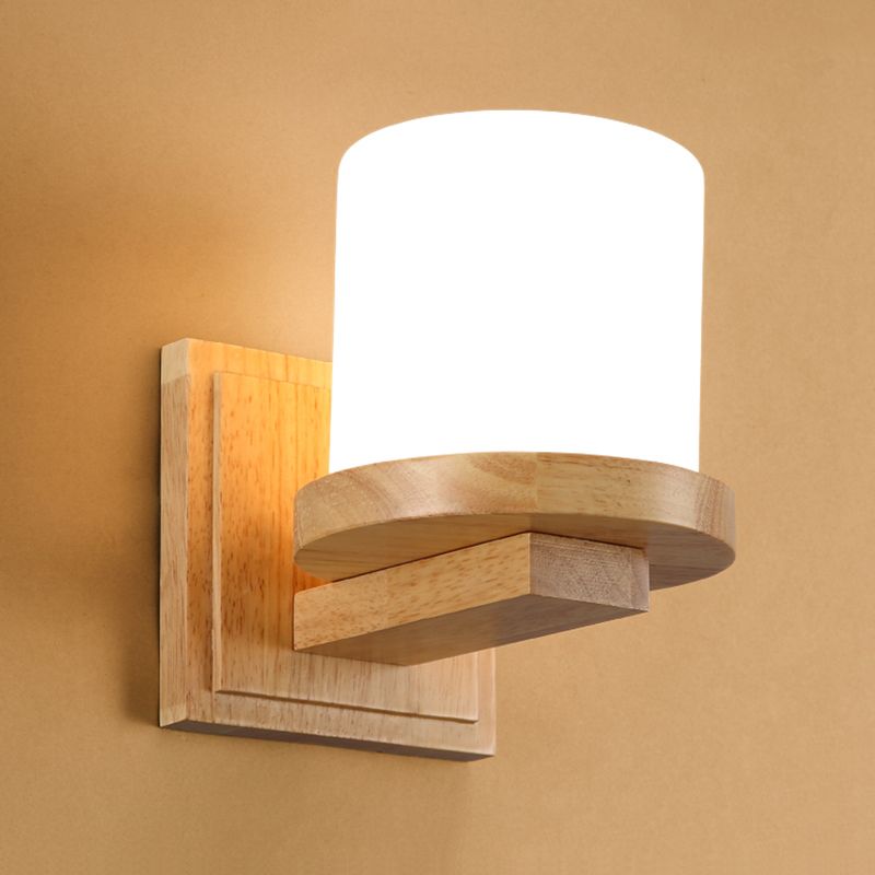 Nordic Pillar Opal Matte Glass Wall Lamp 1-Light Sconce Light Fixture with Wood Arm