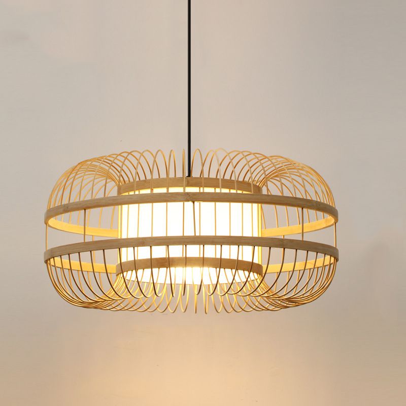 Beige 1-Light Japanese Hanging Lamp Kit Lantern Silk Pendant for Dining Room