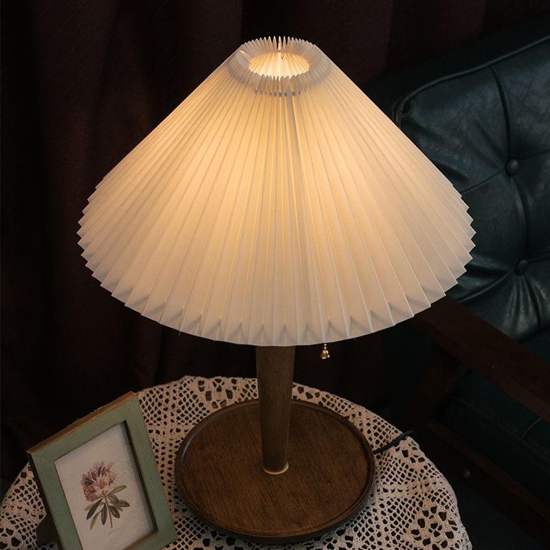 Fabric Fluted Cone Table Light Vintage Single Head Bedroom Reading Lamp with Wooden Base and Pull Chain in Dark Wood
