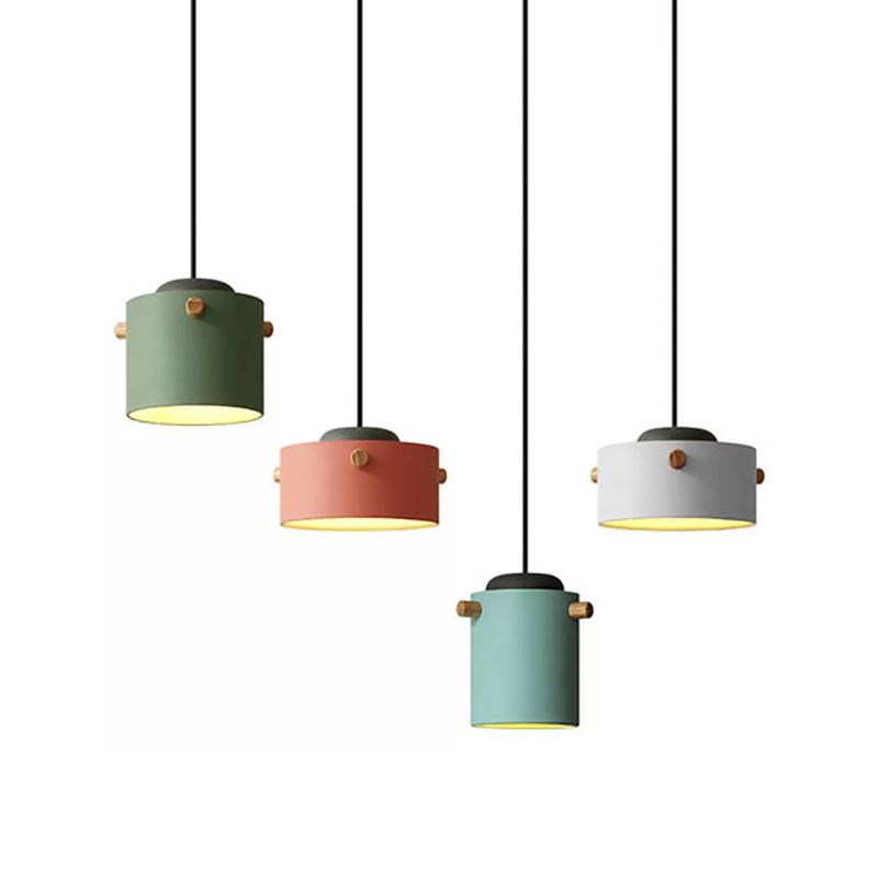 Cylindrical Metal Pendant Lamp Macaron 1 Head Solid Wood Ceiling Hanging Light