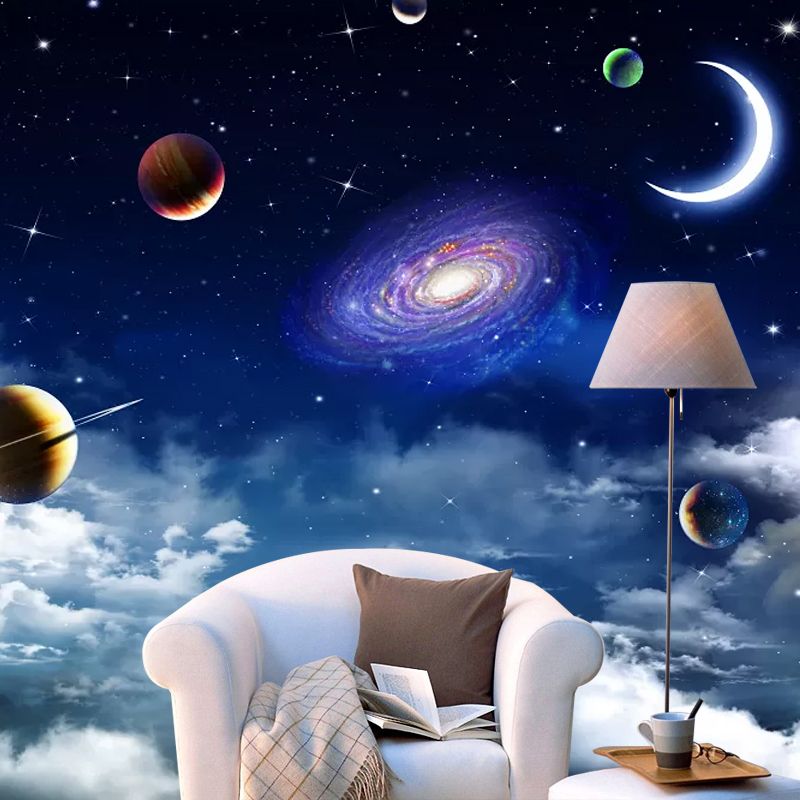 Outer Space Wall Mural Decal for Accent Wall, Blue and White, Personalized Size Available