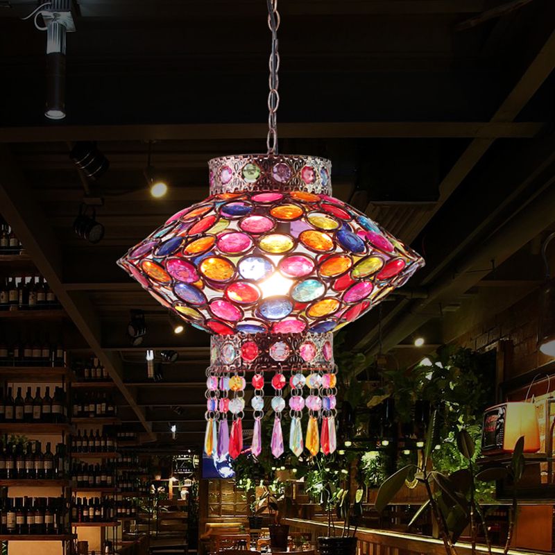 Metal Rust Suspension Lighting Lantern 1-Head Bohemian Hanging Lamp for Restaurant
