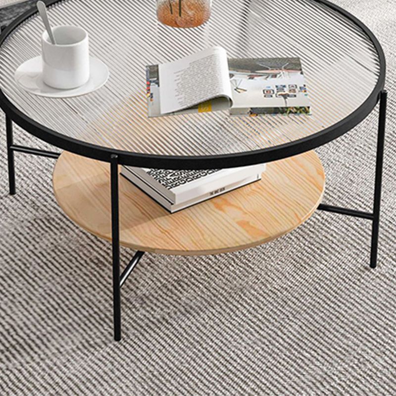 17.7" H Round Glass Top Coffee Table Steel 4 Legs Cocktail Table with Shelf