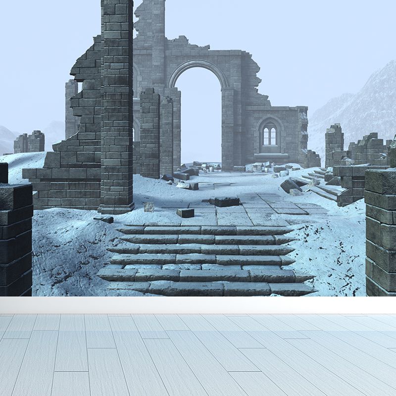 Dilapidated House Mural Decal Cadet Blue Contemporary Wall Covering for Living Room