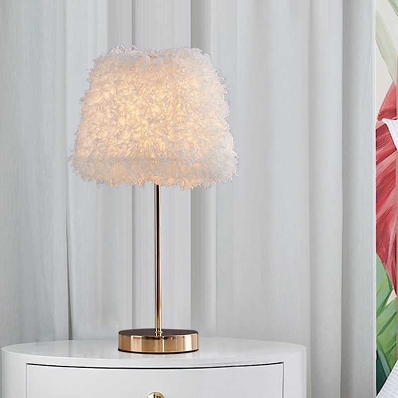 Pink/White Feather Conical Nightstand Lamp Modernist 1-Head Reading Book Light with White/Gold Base