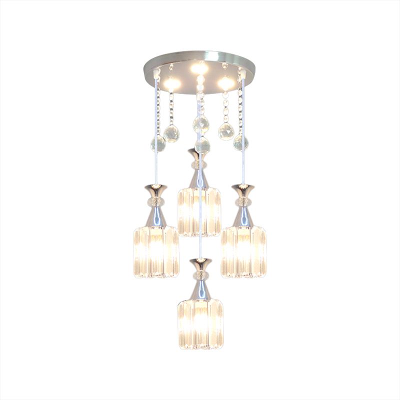 Silver Finish Cylinder Multiple Hanging Light Modern 4 Heads Crystal Block Pendulum Lamp