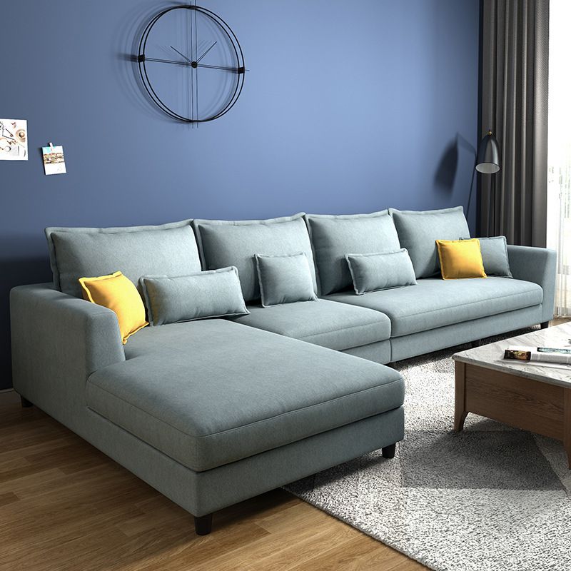 Blue Fabric Sectional with Pillows Modern Style L-shape Sectional