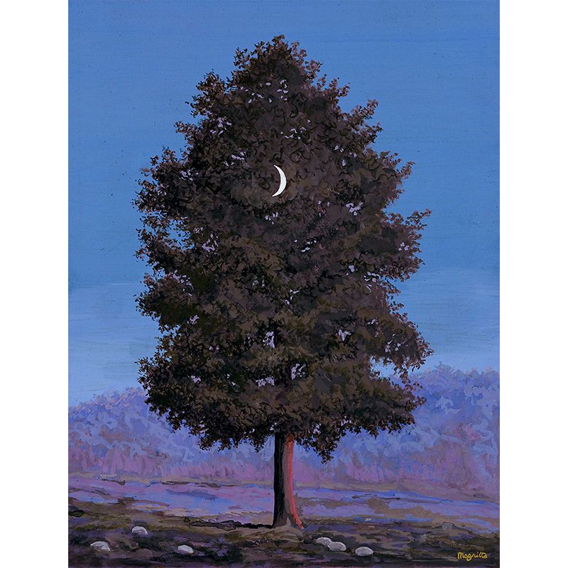 Grey-Blue Surrealistic Mural Wallpaper Large Waxing Moon Hang in Tree Painting Wall Decor for Home