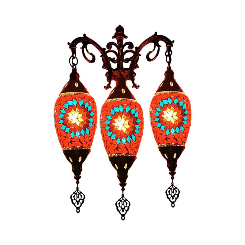 Traditional Oval Wall Mounted Lamp 3 Heads Stained Art Glass Sconce Light in White/Red/Light Blue