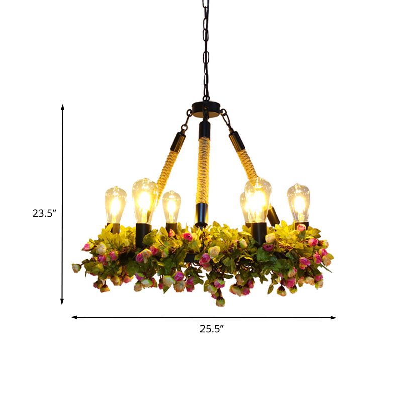 Industrial Exposed Bulb Ceiling Chandelier 6 Bulbs Metal LED Hanging Light Fixture in Black with Rose
