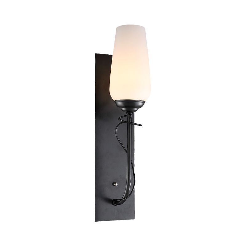 Single Light Wall Sconce Lamp Rustic Conical White Glass Wall Mounted Light Fixture in Black