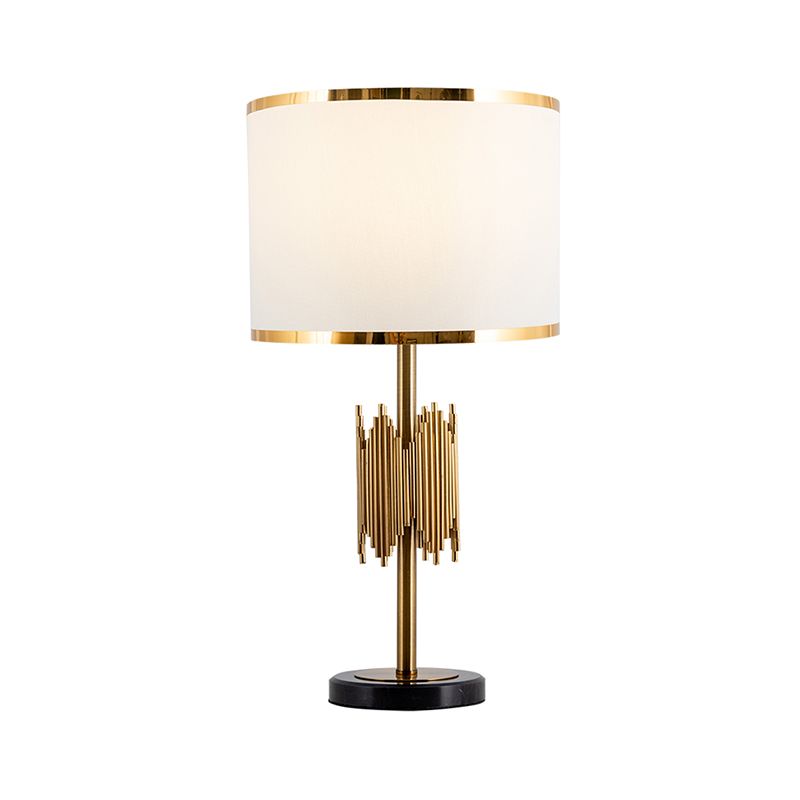 Shaded Table Light Modernist Fabric 1 Bulb White Desk Lamp with Black Round Marble Base