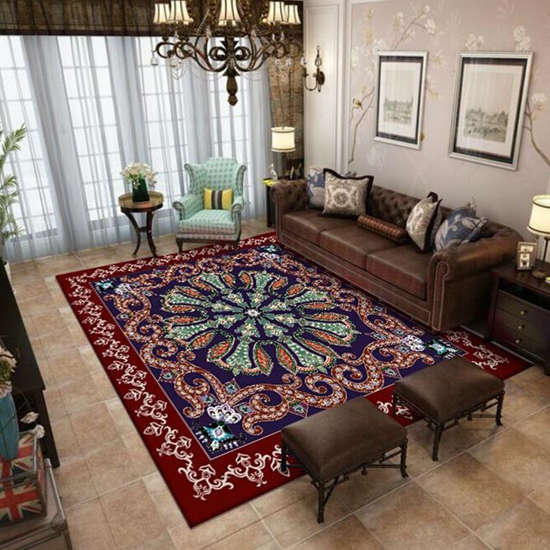 Moroccan Living Room Rug in Red and Blue Medallion Motif Flower Print Rug Polyester Non-Slip Area Rug