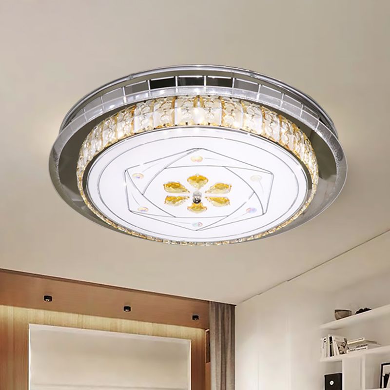 LED Clear Cut Crystal Blocks Light Fixture Modern Stainless-Steel Round Bedroom Flush Mount Lamp