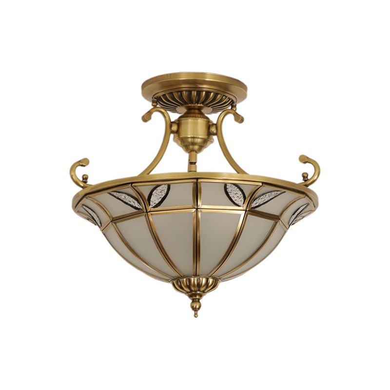 Brass 3 Heads Semi Flush Light Colonialism Sandblasted Glass Dome Ceiling Fixture for Porch